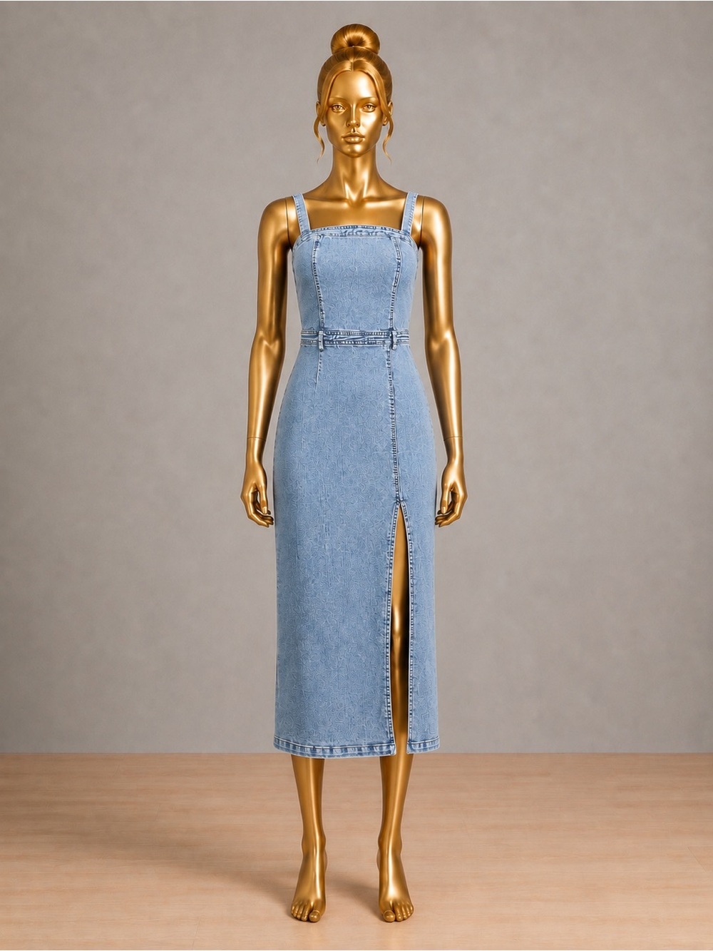 Fashion Nova Light Wash Denim Midi Dress Front Slit Belted Size Medium